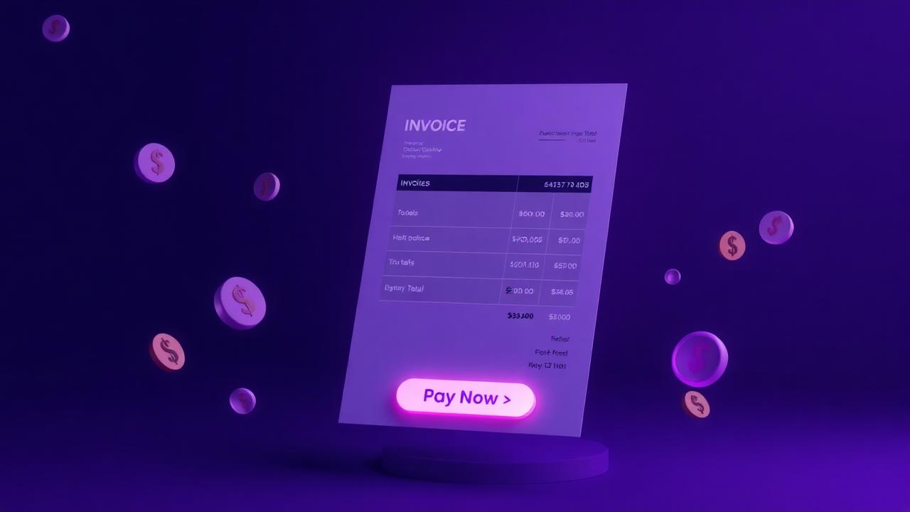 Digital invoice with Pay Now button and floating coin icons